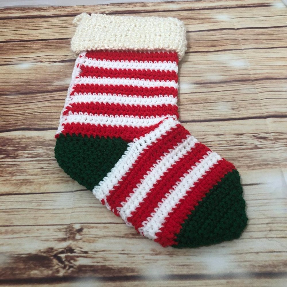 Handmade Red, Green & White Stripped Knitted Crochet Christmas Stocking